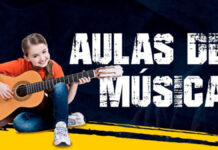 Aulas de Música fortalecem o Ministério de louvor na Visão em Cristo uma arte feita com uma criança tocando um instrumento e a escria em branco Aulas de Música