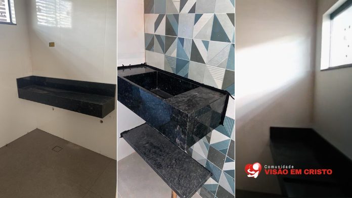 bancadas de mármore Nova igreja da Visão em Cristo recebe bancadas e divisórias de mármore nos banheiros e lavabo, avançando nas etapas de acabamento.